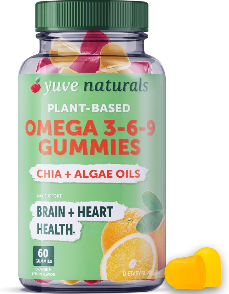Yuve Vegan Omega 3-6-9 & DHA Gummies - Delicious for barn, menn og kvinner - laget av Algae & Chia - NO Fish Oil, NO Krill - essensiell fettsyre Supplement - Ikke-GMO, Glutenfri, Plantebasert - 60ct