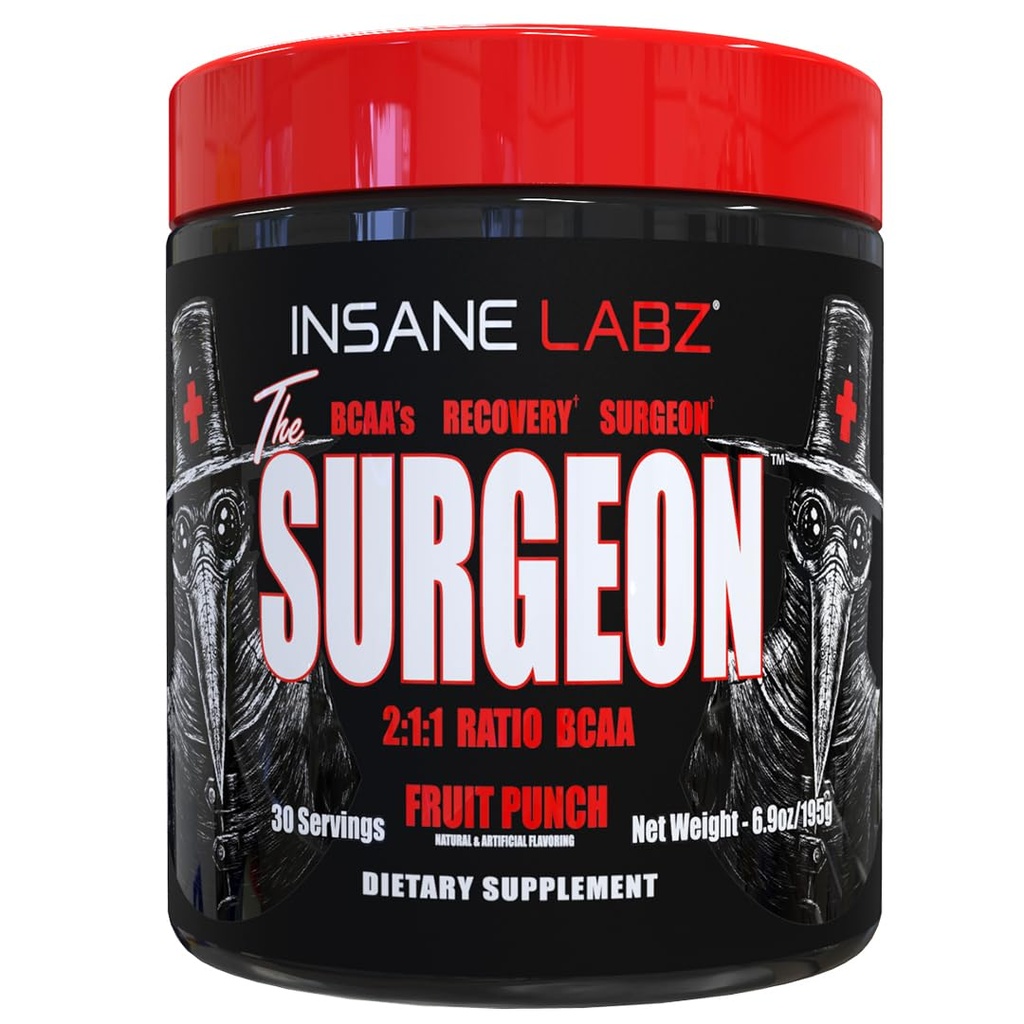 Insane Labz Surgeon BCAA Recovery pulver - Branched kjede Amino Acid Post Trening Drink for muskelgjenvinning - 30 Srvgs (30 Serveringer (pakke med 1), Fruit Punch)