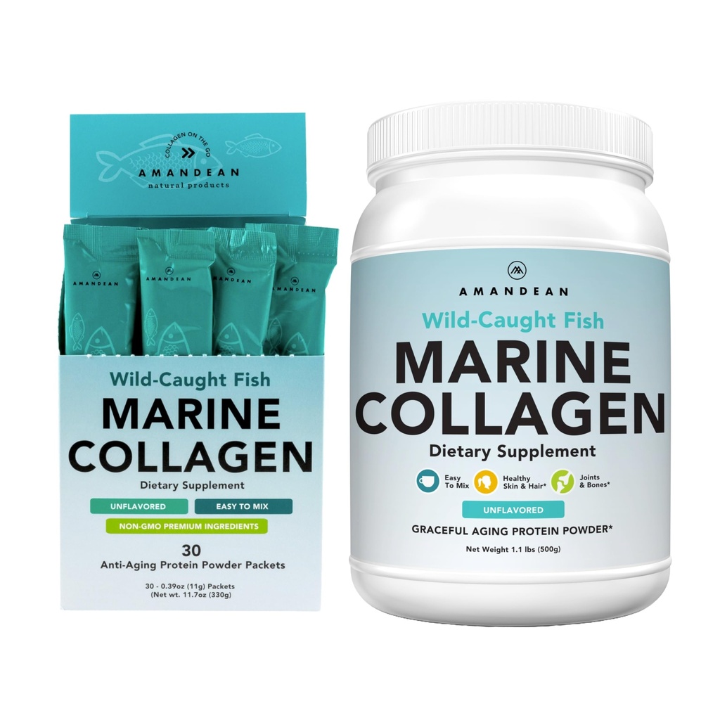 AMANDEAN Marine Collage Duo. 500g Container + 30 reisepakker. Hydrolysert fisk kollagen peptider for hud, hår og negler. Pescatarian, Keto & Paleo-vennlig, uslavored