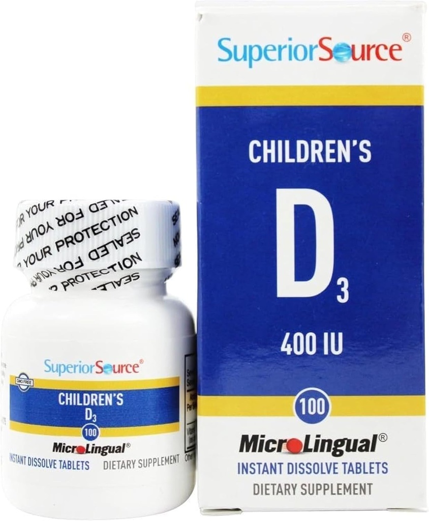 Superior Source Barns Vitamin D3 400 IE - Tanner, Bein og immunstøtte Supplement for barn - Ikke-GMO - 100 MicroLingual Oppløselige tabletter