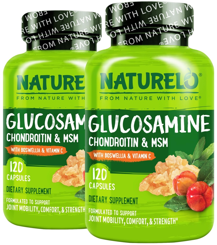NATURELO Glukosamine Chondroitin MSM med Boswellia og vitamin C - Supplement for felles komfort, mobilitet og styrke - 120 kapsler (pakke med 2)