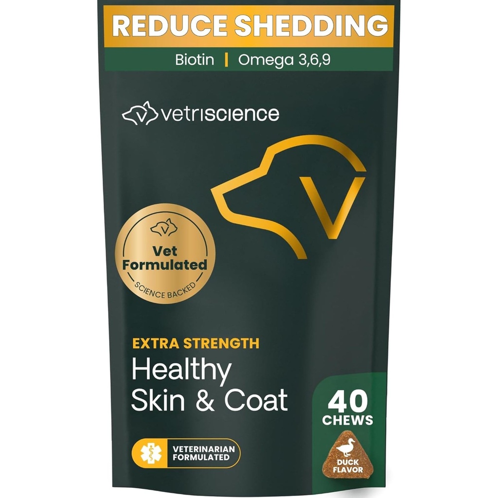 VetriScience ekstra styrke sunn hud og coat Chews, Omega Plus Supplement for hunder, med balansert Omega 3, 6, 9, Fiskeolje og biotin, Hud helse, Coat vekst og skinn, Duck, 40 greve