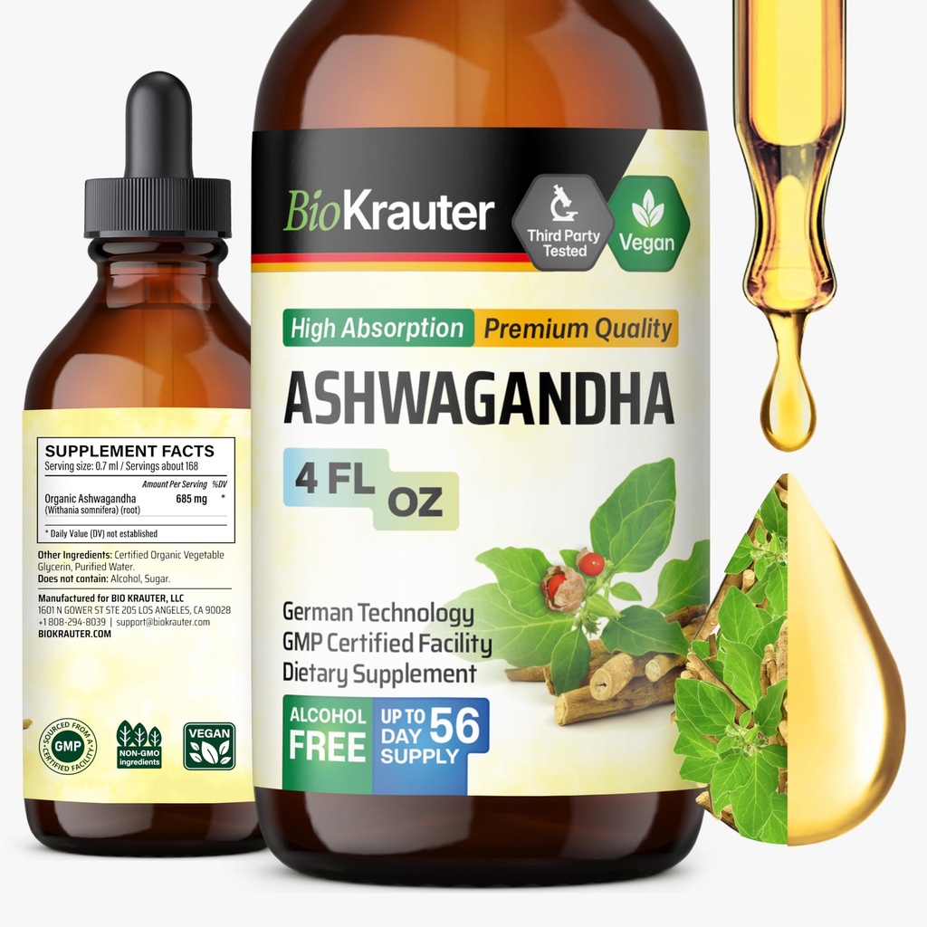BIO KRAUTER Ashwagandha Liquid Drops - Ashwagandha Supplements for ro - Vegansk Mood Support Drops - alkohol og sukker gratis - 4 Fl.Oz.