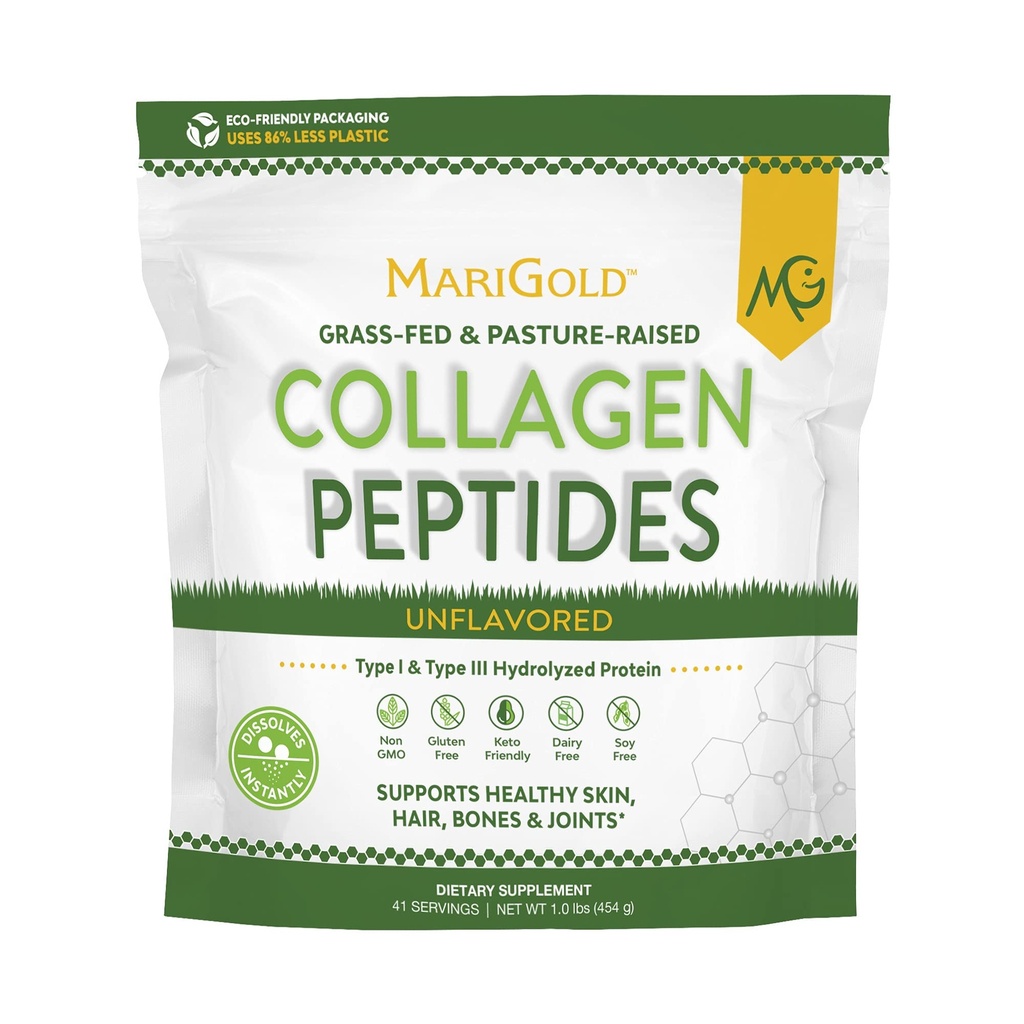 MariGold Grass-fedt collagen Peptider pulver Unflavored 1LB - 100% ren, Type I & III Bovine Hydrolysert kollagen, Ikke-GMO, Hormon-Gluten-Dairy gratis, keto-vennlig, lett å blande