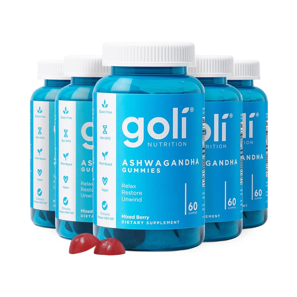 Goli Ashwagandha & vitamin D Gummy - 300 greve - Blandet Berry, KSM-66, Vegan, Plant Basert, Ikke-GMO, Glutenfri og Gelatinfri slappe av. Gjenopprett. Unwind, pakke på 5