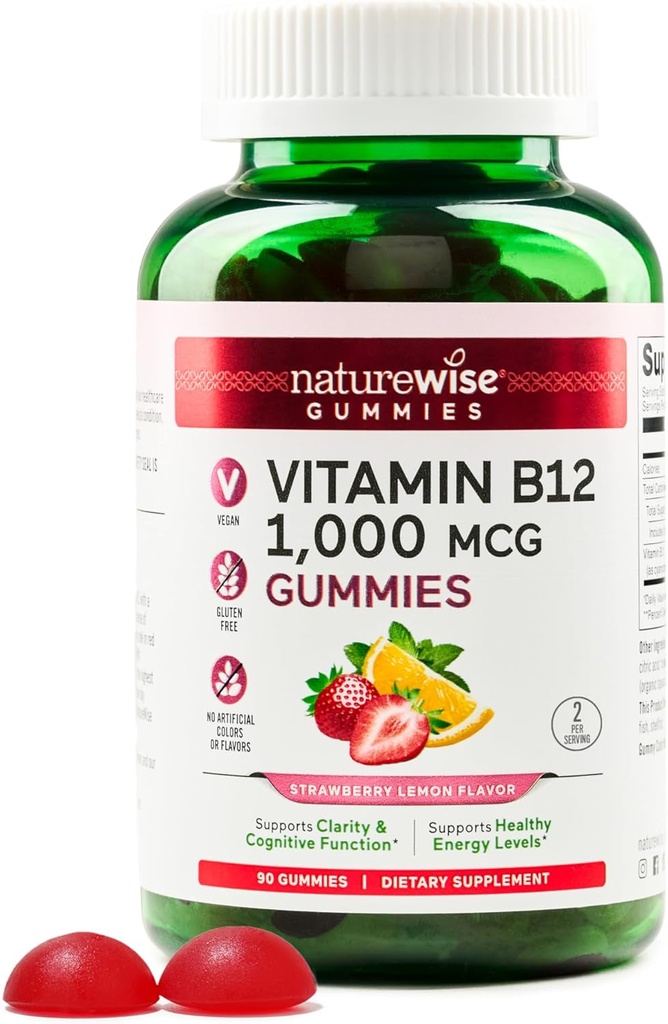 NatureWise vitamin B12 Gummier for voksne, 1000 mg - Jordbær sitronflavor - støtter daglig energi, mental klarhet, kognitiv funksjon - Vegan, Glutenfri, ikke-GMO - 90 greve[45-dagers forsyning]