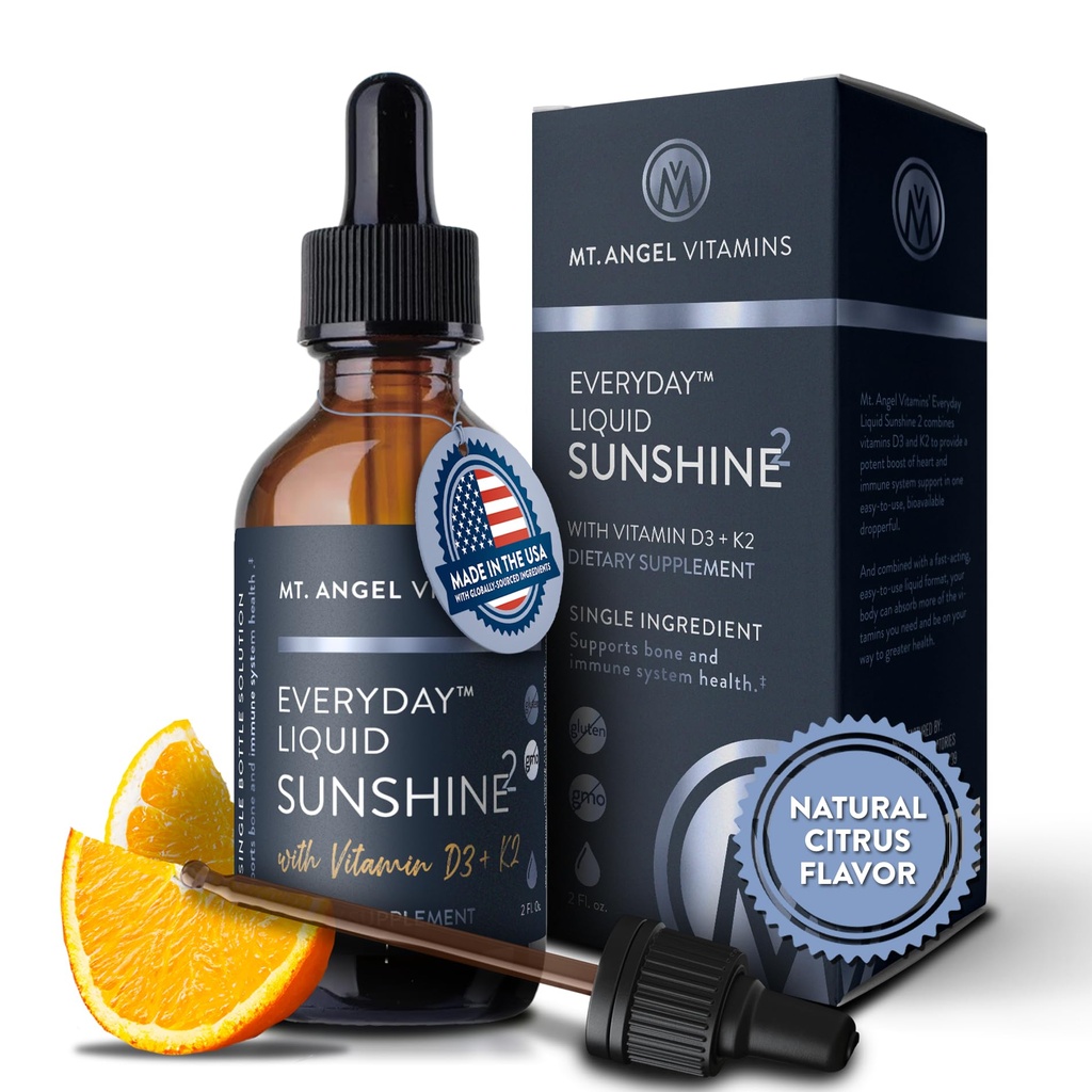 Mt. Englevitaminer - Vegansk vitamin D3 & K2 Flytende Supplement - 5000 IU D3, Trans MK7 K2 - Glutenfri, Ikke-GMO - Perfekt for voksne og barn - din daglige dose av Sunshine ® K2 D3 Vitamin Supplement