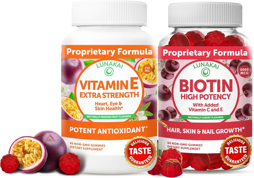 Lunakai Vitamin E og Biotin Gummies Bundle - 3000 mg Gummies for voksne Energi Støtte og Bein Helse - Vitaminer for hår, hud og ungdom