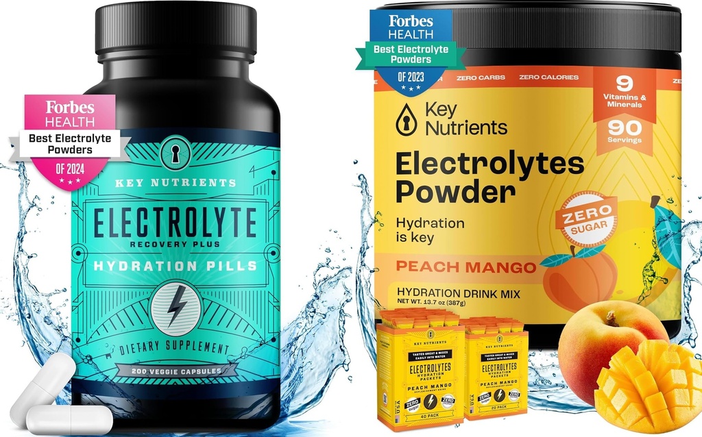 KEY NUTRIENTS Hydration & Energi Electrolyte Bundle - Electrolyte Tabletter & Tropiske Peach Mango Multivitamin pulver, sukkerfri