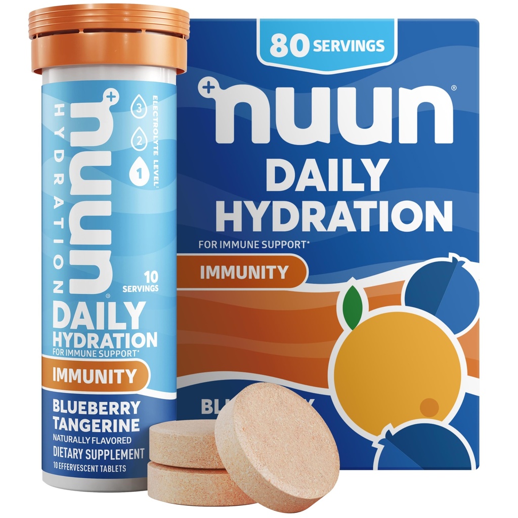 Nuun immunitet Electrolyte Tabletter med vitamin D, C, E, & A, Ginger, Elderbær, Magnesium og 4 andre essensielle elektrolyter, Vegan, Blåbær Tangerine, 8 Pack (80 Serveringer totalt)