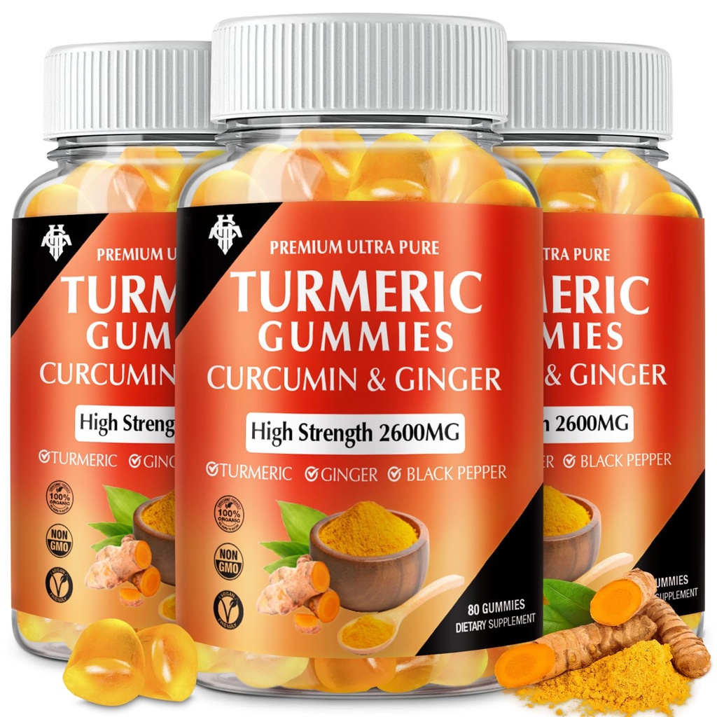 Turmeric Curcumin Gummies with Ginger & Black Pepper Vegan Pectin Formula for Immune Boost, Healthy Skin & Joint Support Chewable Supplement for Adults & Teens (3-Pack)