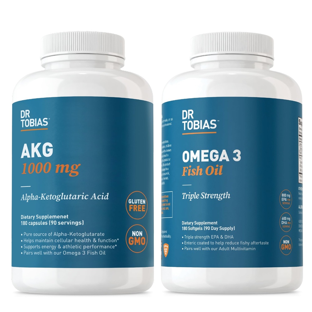 Dr. Tobias AKG Supplement & Omega 3 Fiskeolje, støtte Cellular Energy & Total Helse med AKG og Trippelstyrke Omega 3 EPA & DHA, ikke-GMO