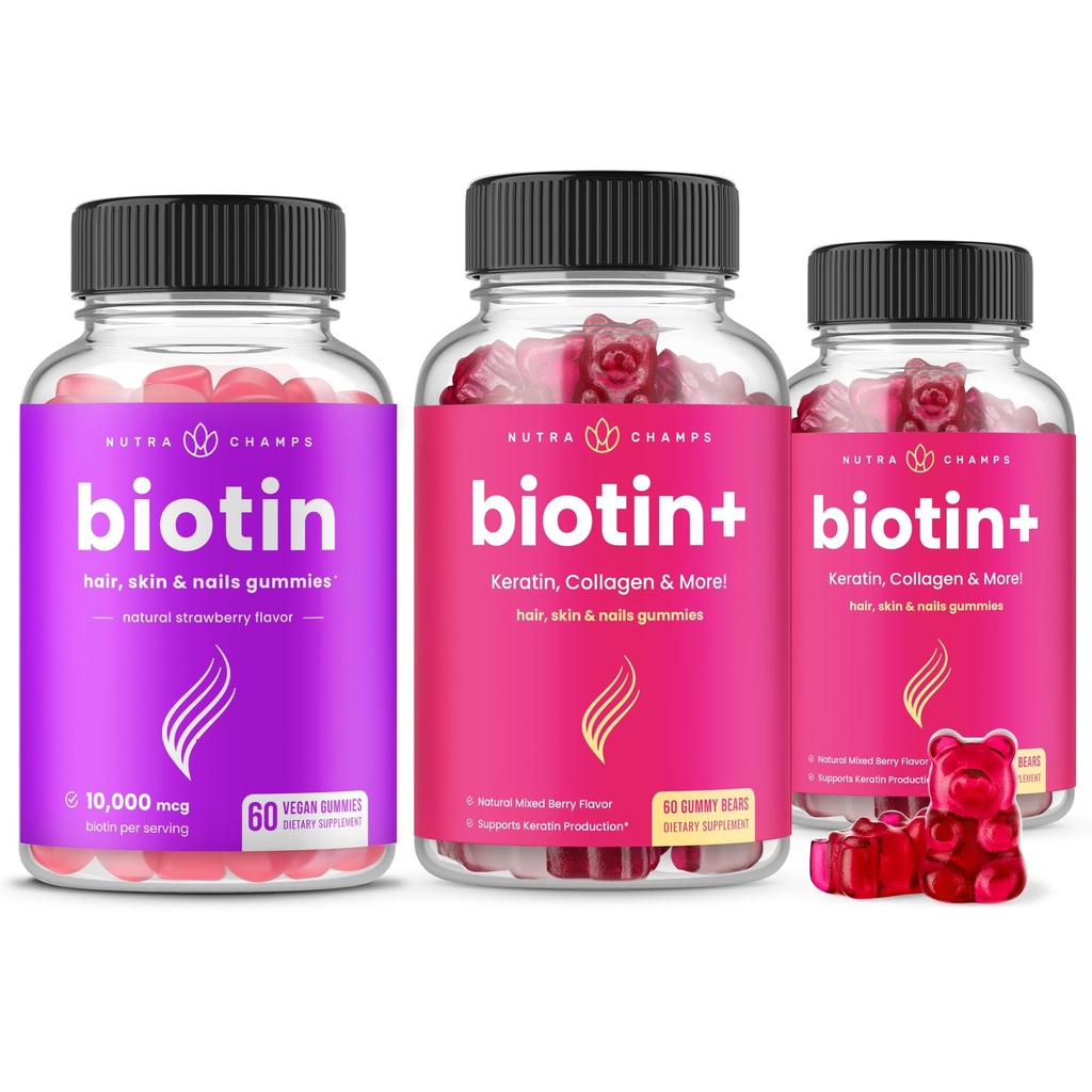 NutraChamps Complete Biotin Bundle for hår, hud og negler. Biotin & Biotin+
