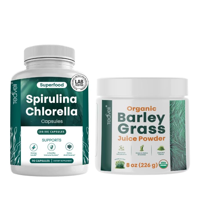 Teaveli Spirulina og Chlorella Capsules og Orgaic Barley Grass Juice Powder Bundle