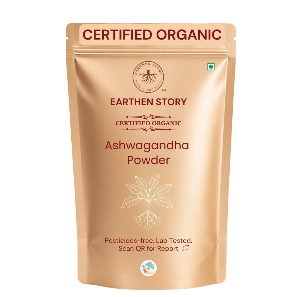 Earthen Story Certified Organic Ashwagandha Root Powder (200g) | Lab Tested for 190+ Pesticides | Indian Ginseng Root-Only Adaptogen for Stress, Sleep & Strength | Vegan, Non-GMO