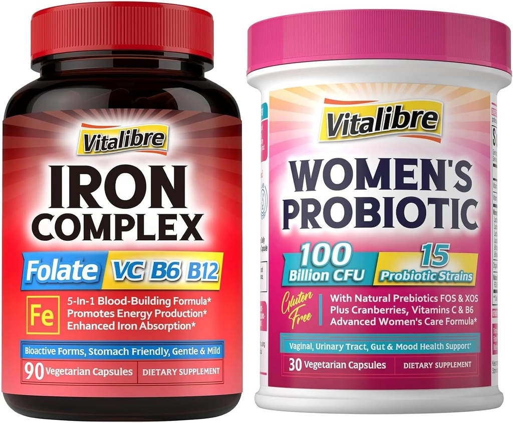 Iron Supplement for kvinner og menn 90Caps & Vitalibre Probiotika for kvinner 100 milliarder CFU 15 Strains