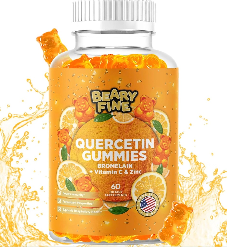 Quercetin med Bromelain Gummies - Vitamin C + Zinc & Vitamin D3 - Ekstra styrke Immun Support Booster - 60 Quercetin Gummies - Laget i USA