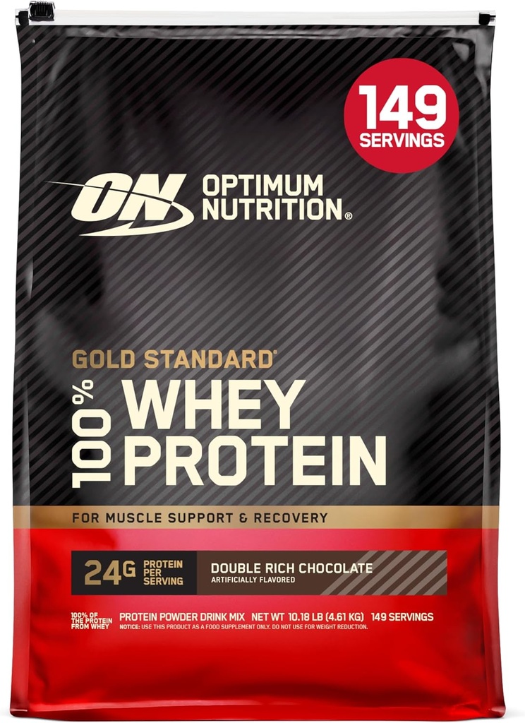 Optimum Ernæring Gull Standard 100% Whey Protein pulver, dobbelrik sjokolade 10 pund (Packing May Vary)