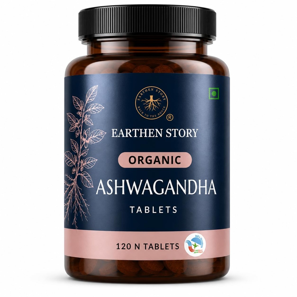 Earthen Story Certified Organic Ashwagandha Tablets (120 Tablets) | Lab Tested for 190+ Pesticides | Ayurvedic Root Adaptogen for Stress, Sleep & Strength | Vegan, Non-GMO