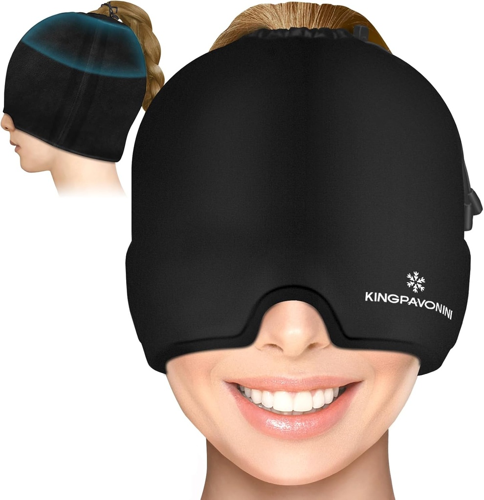 Gel Ice Migraine Hodepine Relief Cap, Justerbar hodepine Cap Migraine med trekkstreng passer alle hoder, kald kompresjon Migraine Relief Cap for strekk, Stress, Sinus, Puffy Eyes, Hot/Kold terapi