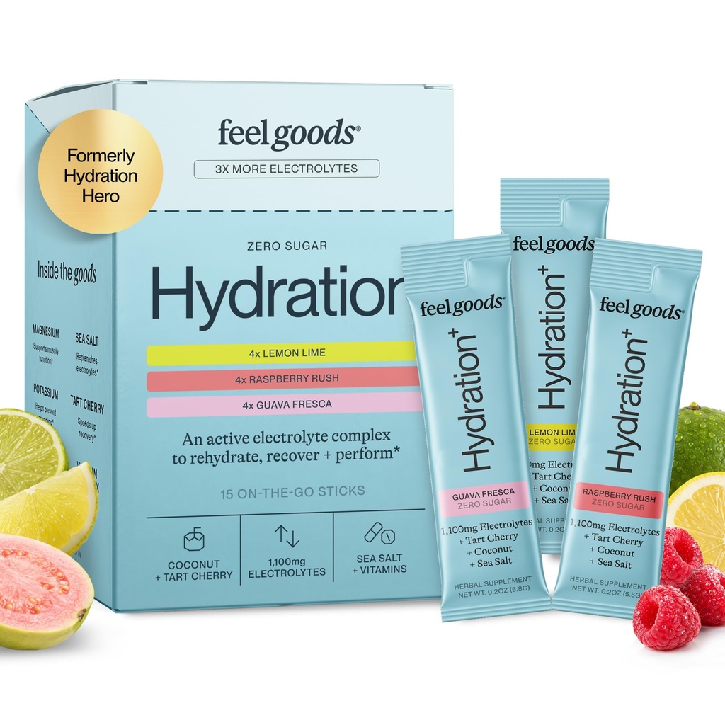 Feel Goods Hydration Hero, Variety Pack, 1000mg Elektrolyter pulver, sukkerfri, magnesium, organisk aloe Vera, L teanin, vitamin C, vegansk, ikke GMO, På Go Electrolyte Packets, 12 greve