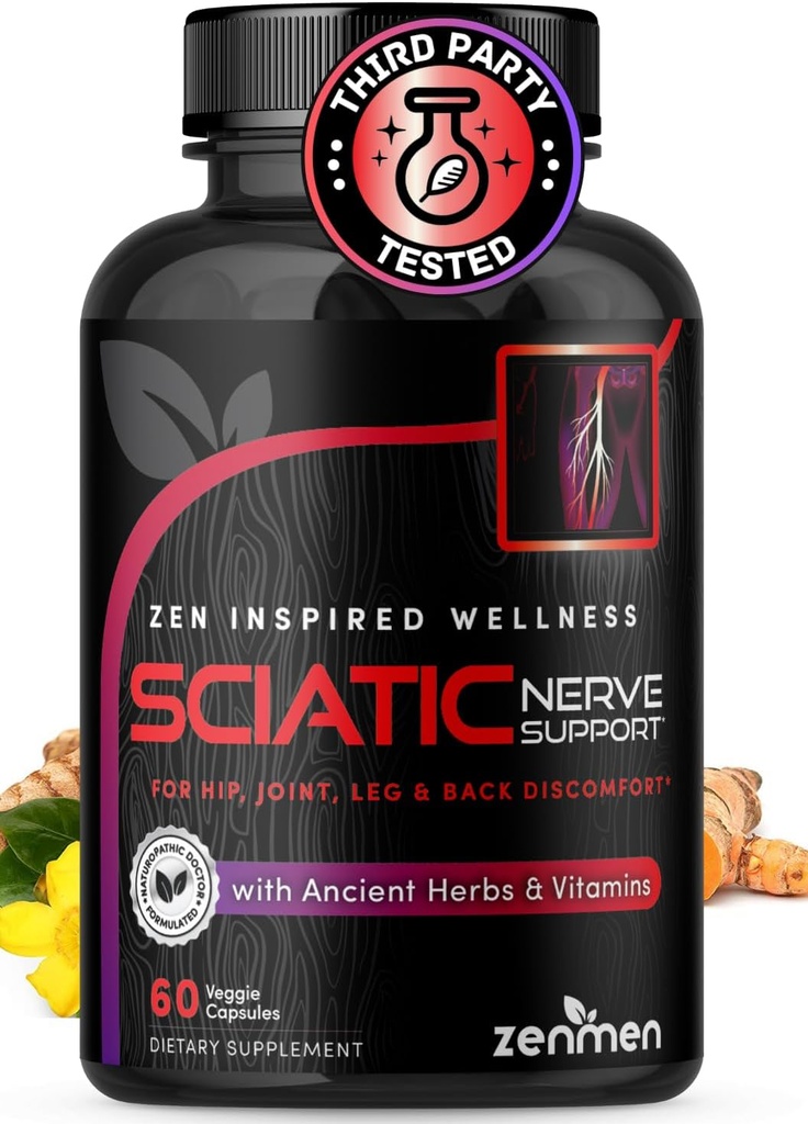Sciatic Nerve Støtte Kapsler - Administrere nedre rygg, Felles & Ben problemer - vitaminer B1, B6, B12 & Magnesium med naturlige urter - 60 Vegan Kapsler, tredjeparts testet, 30 dagers forsyning, laget i USA