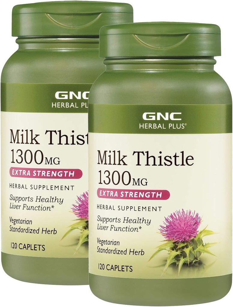 GNC Herbal Plus Melk Thistle 1300mg, Twin Pack, 120 Caplets per flaske, støtter sunn leverfunksjon