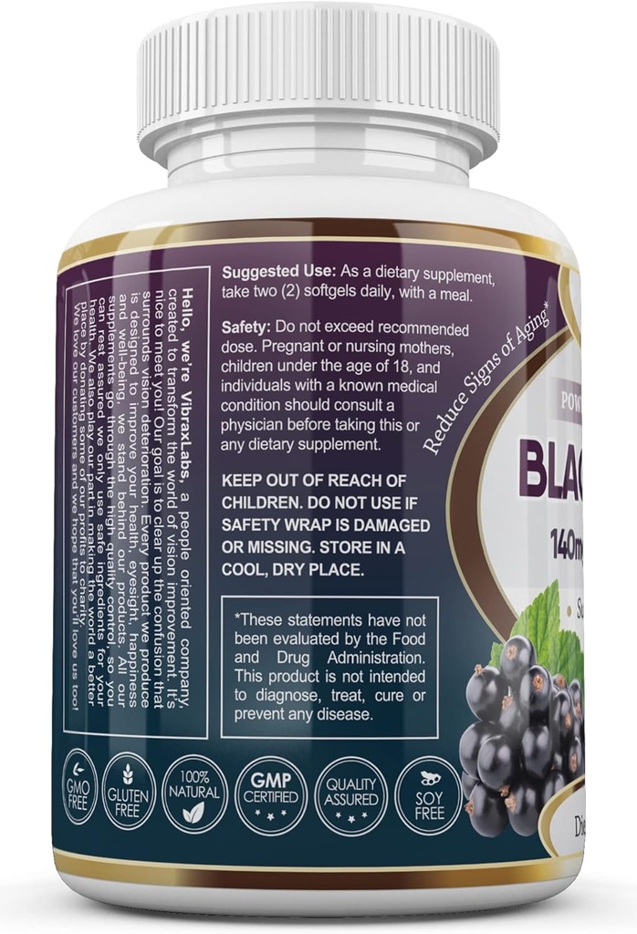 vibraxlabs Svart Currant Olje 1000mg - Hexan gratis – Naturlig antialging antioksidant med høy GLA formel – støtter hår, hud, felles og øye helse – Premium svart currant frøolje Softgel Supplement