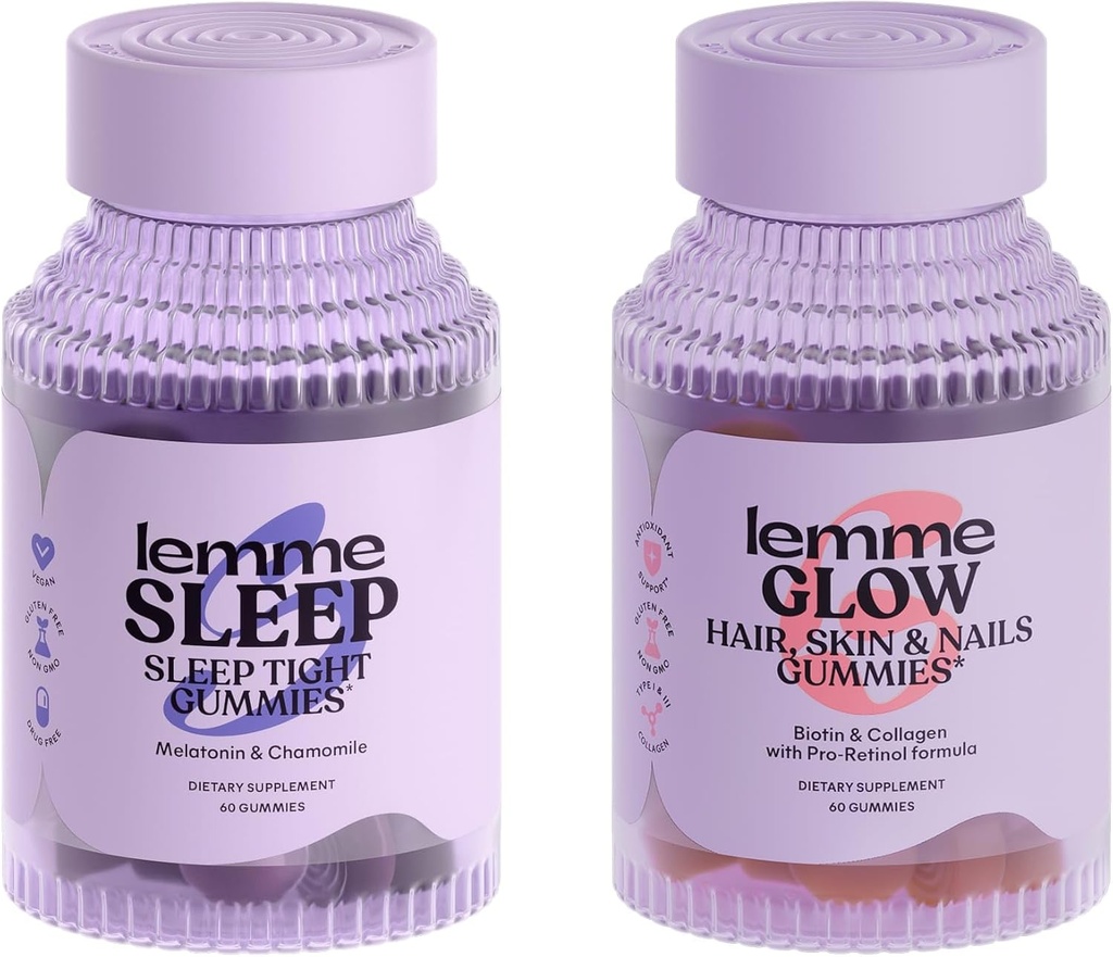 Sleep & Glow Bundle - Sleep Gummies, en rusmiddelfri nattehjelp & Glød Biotin & Collagen Hair Gummies for sterke, tykke hår og redusert shedding - Gluten / gelatin gratis, ikke-GMO - 60 Ct. Hver.