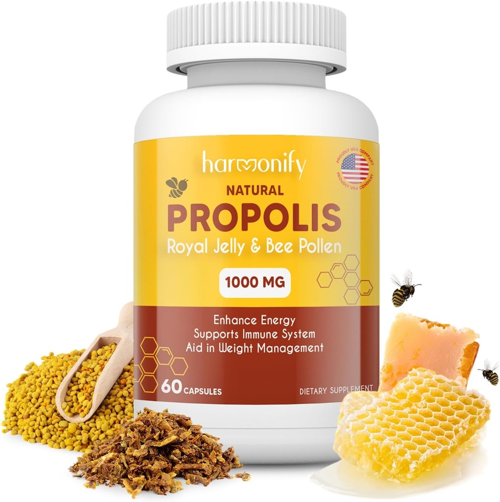 Bee Pollen Propolis Royal Jelly Extract med Carob, ren immun støtte supplement, glutenfri, vegetariske kapsler, 1000 mg