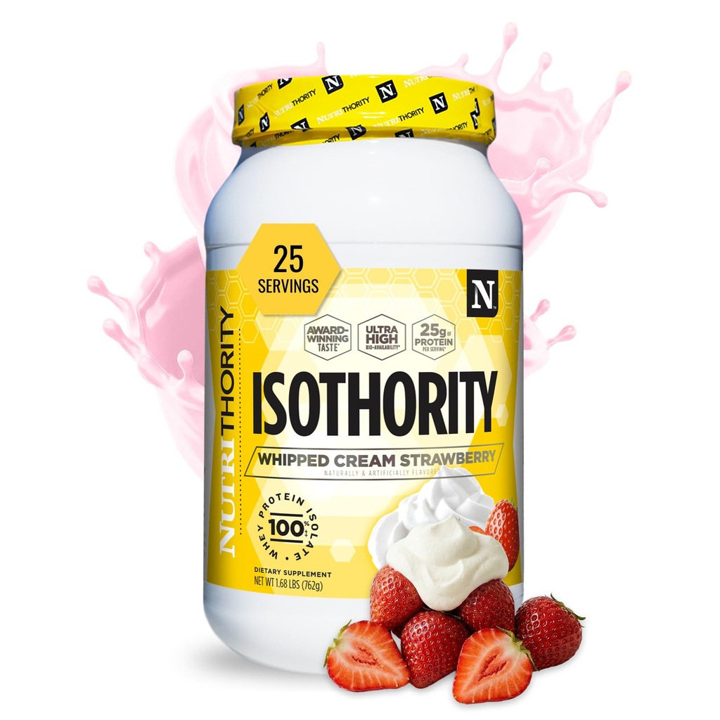 Isotoritet Whey Protein Isolate, Whipped Cream Strawberry, 2 lb - Ultra Absorberbar grened kjede Aminosyrer (BCAA) pulver med 25g Per Serving, Lav carb - Bygg muskel og akselerert gjenoppretting