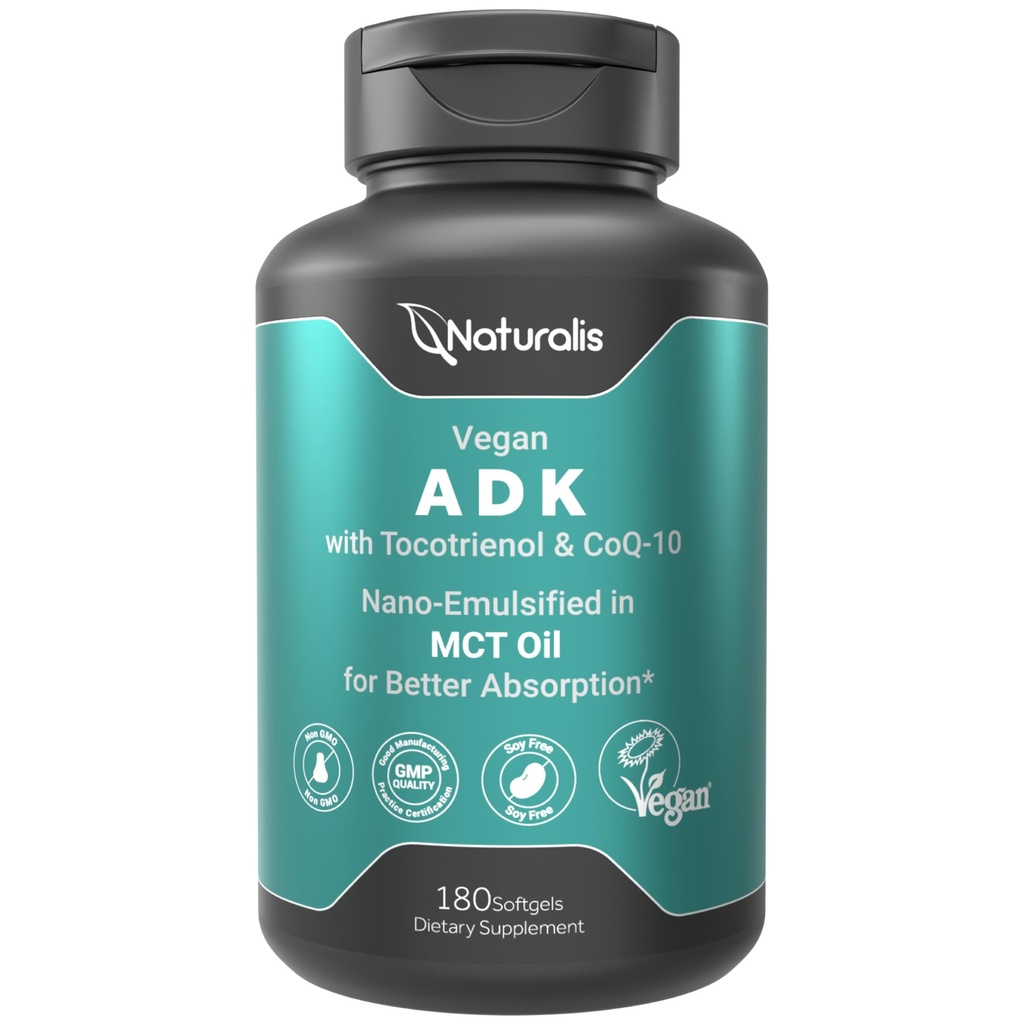 Naturalis Vegansk Vitamin ADK med 50 mg Tocotrienol og CoQ-10 | Nano-Emulsified i EVOO for bedre absoprasjon | Ikke-GMO, soya gratis og vegansk samfunn sertifisert | 180 Veggie Softgels (Carrageenan Free)