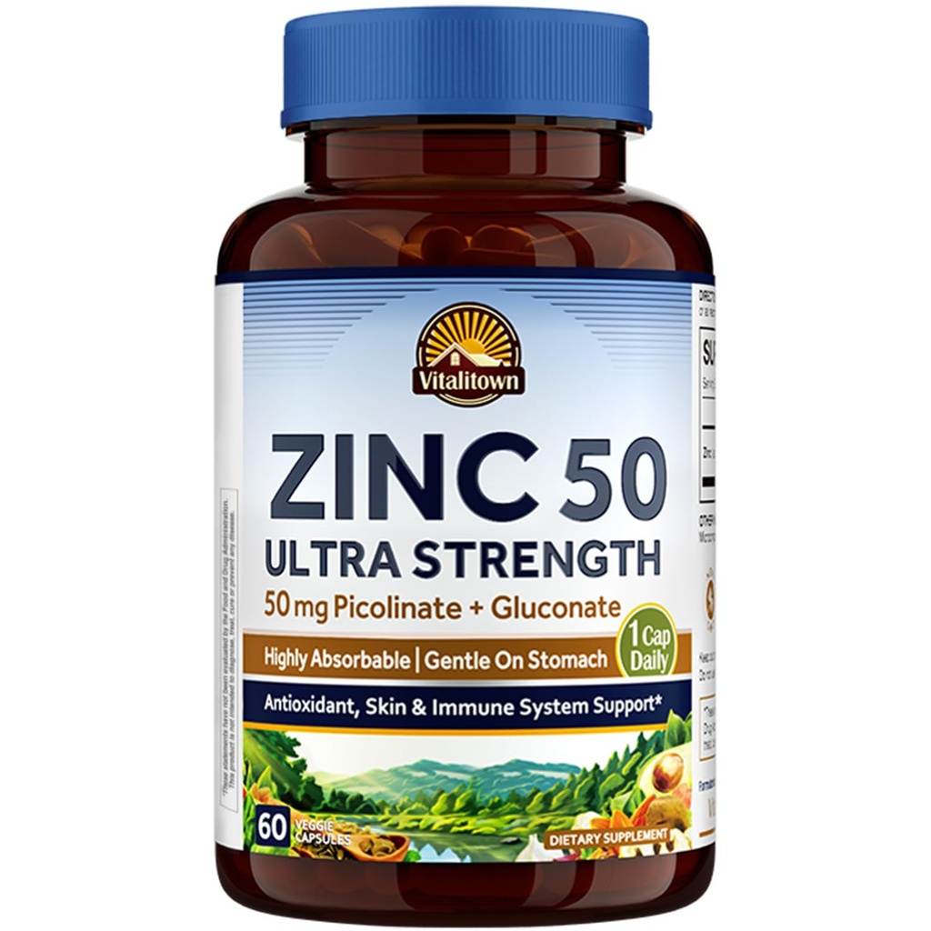 Vitalitown Chelated Sink 50 mg, Sink Picolinat & Gluconate, 60 Veggie Capsules, Vel-absorbert, Immunsystem, Sunn hud og utvikling, Vegan, Ingen Gluten, Ikke-GMO