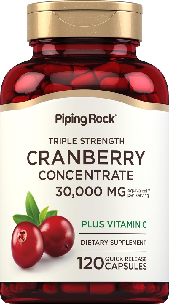 Piping Rock Cranberry piller | 120 kapsler | Supplement for kvinner og menn | Triple Strength Konsentrate Extract Plus Vitamin C | Ikke-GMO, Glutenfri