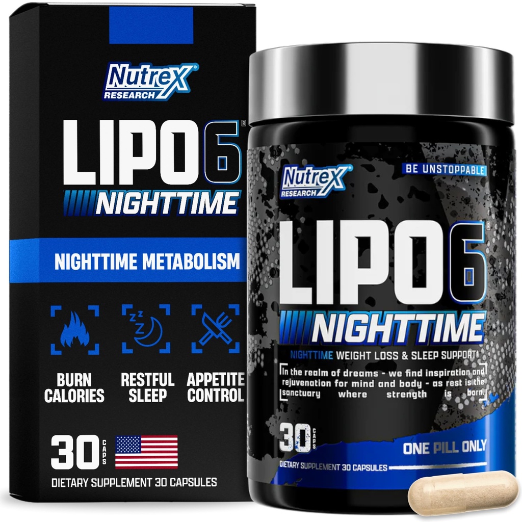 Nutrex Lipo 6 natttid fettforbrenner | Melatonin søvnhjelp & vekttap Diettpiller for menn og kvinner | Natttidmetabolisme Booster Appetitt Suppliant | 30 Services (1)