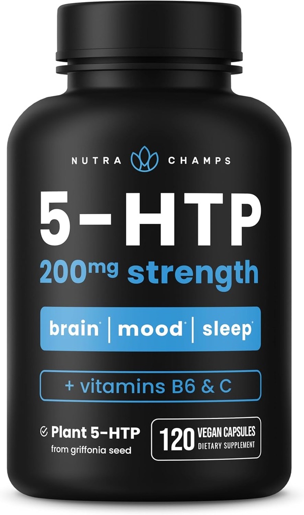 NutraChamps 5-HTP 200mg, 120 vegansk kapsler, ren 5HTP 100mg Plus co-faktor vitamin B6 & vitamin C