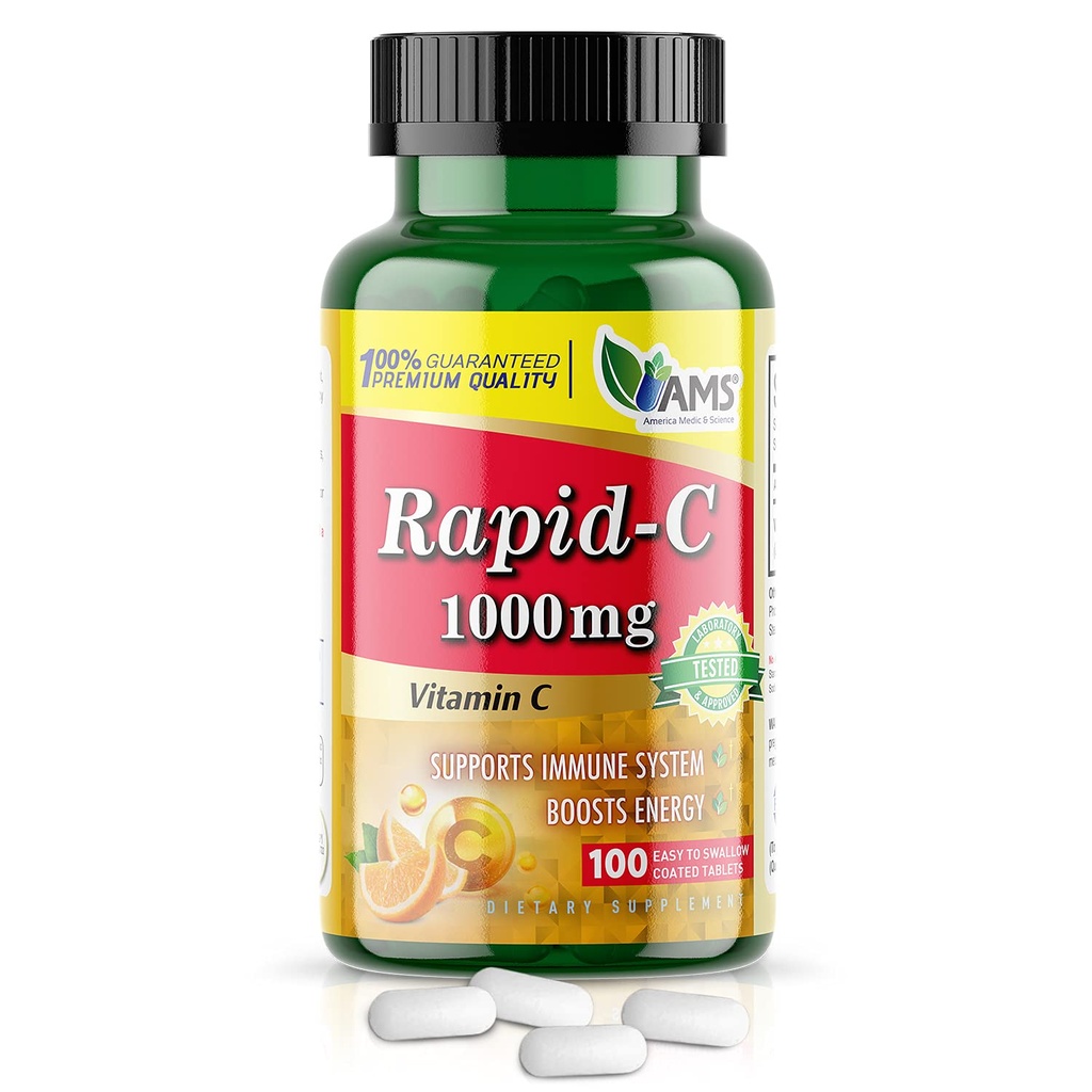 Amerika Medisin og vitenskap Rapid-C 1000mg vitamin C Supplement (1 pakke med 100 tabletter) Energi Booster, daglig immunsystem støtte, antioksidant | Vegan, ikke-GMO coated askorbinsyre for voksne menn og kvinner