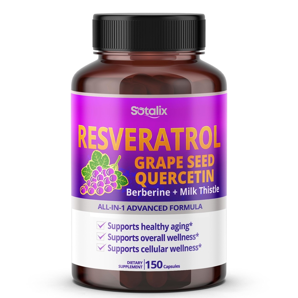 Resveratrol med Grape Seed + Quercetin Berberine + Melk Thistle Kraftig Anti-Aging - USA laget og testet (150-dagers forsyning (pakke med 1))