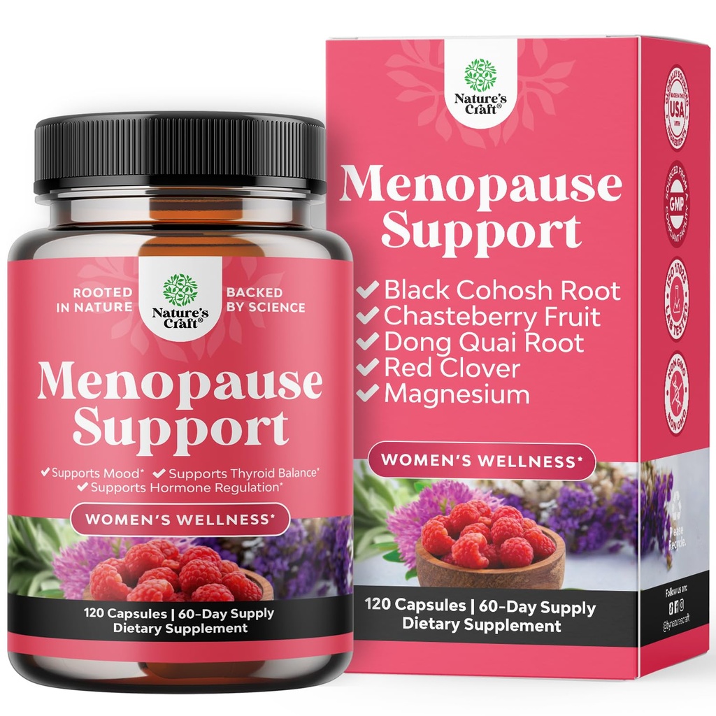 Komplett Herbal Menopause Supplement for kvinner - Kvinnelig hormonbalanse Kapsler for natt Svette Hot Flashs & Mood Swings med Dong Quai, Chaste Berry & Black Cohosh Root - 120 Count Pack