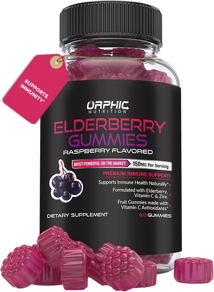 ORPHIC NUTRITION Elderbær Gummies med vitamin C og sink - 60 Count - Immunstøtte Supplement for menn, kvinner og barn * - Elderbær vitaminer laget med vitamin C - 100MG av eldrebær