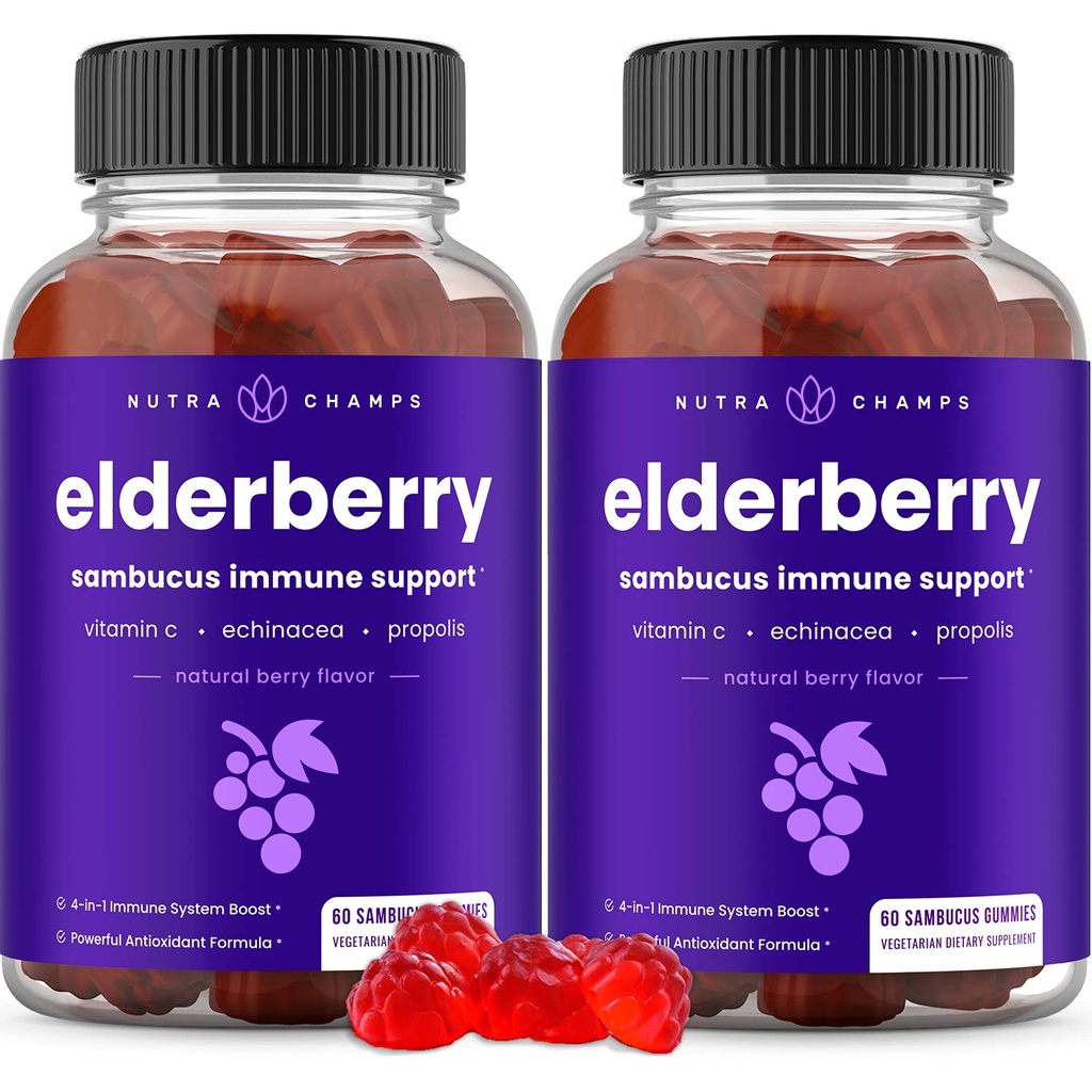 NutraChamps Elderberry Gummies, Sambucus Elderberry Gummies for voksne og barn, Vitamin C, Propolis & Echinacea, Maks styrke immunstøtte Gummies, Natural Berry Flavor, 120 Gummies (Pack of 2)