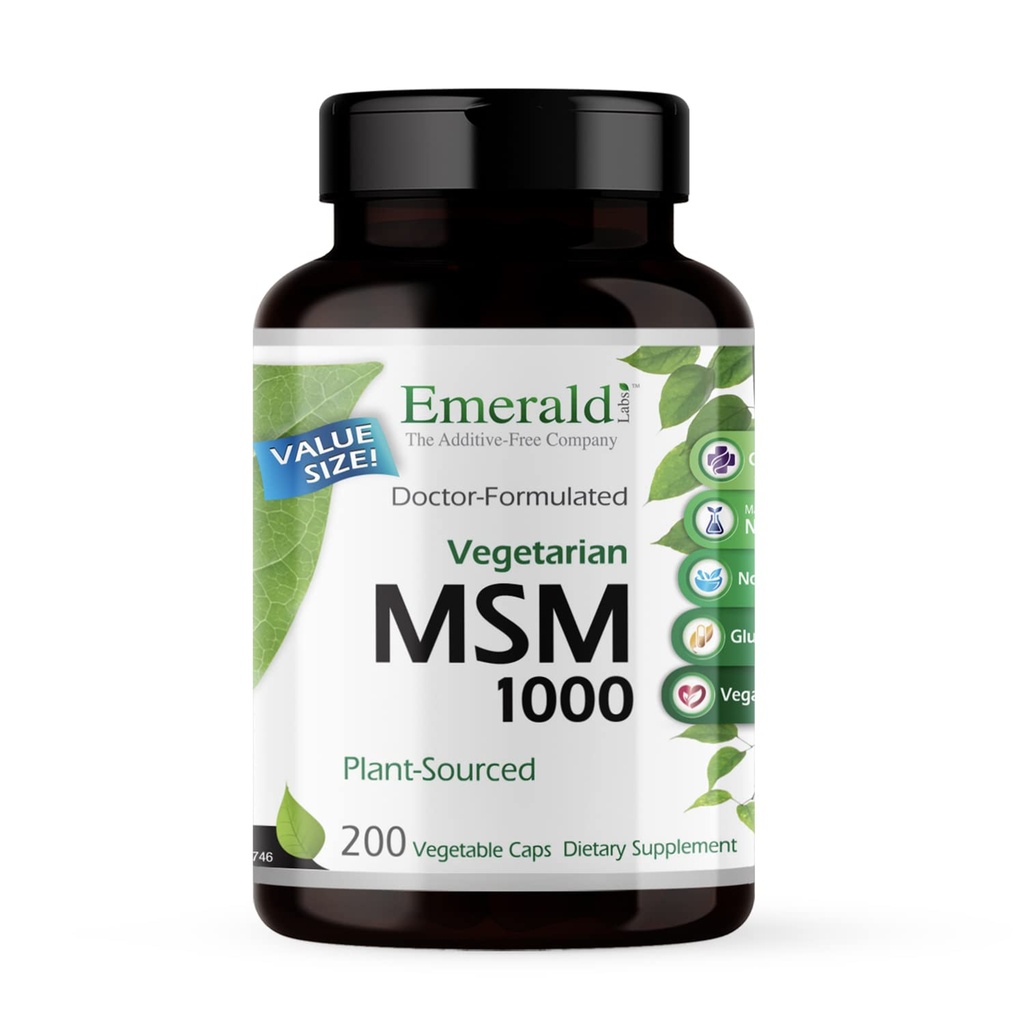 EMERALD LABS MSM 1000mg - Felles, lever og immunstøtte Supplement med Metylsulfonylmetan - Glutenfri og tilsetningsfri - 200 Grønnsaker Kapsler (opp til 100-dagers forsyning)