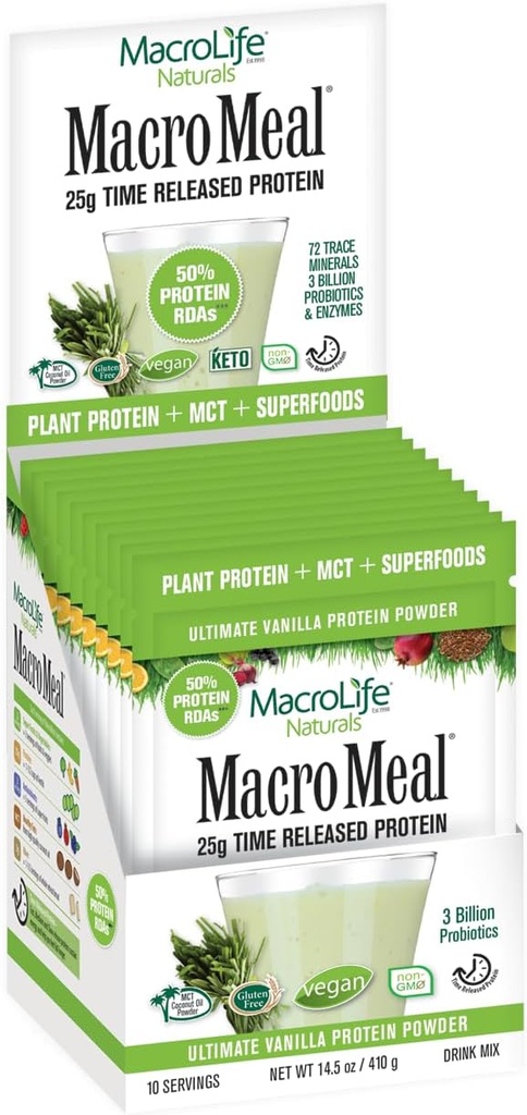 MacroLife Naturals MacroMeal Vegan Vanilla Superfood Supplement Powder Protein + Grønn, Probiotika, Digestive Enzymer, Fiber - Energi, Detox, Immun - Ikke-GMO, Glutenfri- 10 Pakker