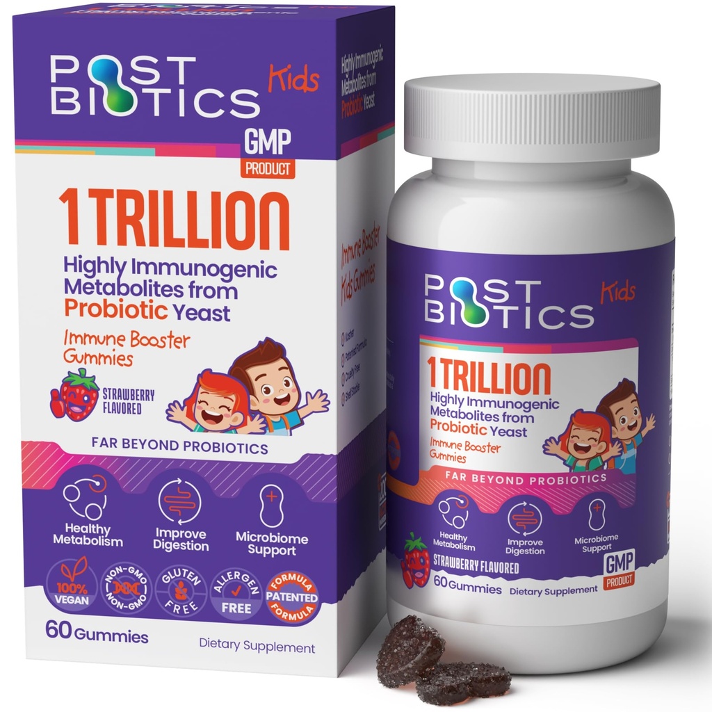 NAVEH PHARMA Postbiotika Kids Strawberry Gummies. Barns postbiotika, alder 4+, 1 trillion metabolitter 200X ingredienser enn probiotiske eller prebiotiske. Gut helse, immunitet, digestion og mikrobiom