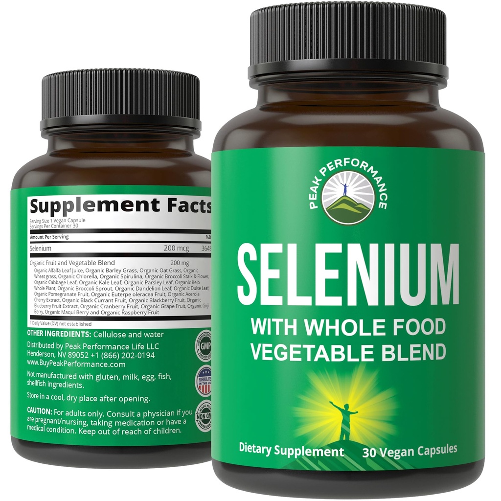 Selenium Supplement med hele matblanding av 25+ Grønnsaker og frukter for maksimal absorpsjon. Pure Selenium Vegan Capsules for immunsystem, Thyroid støtte, hjerte helse, prostata støtte. 30 piller