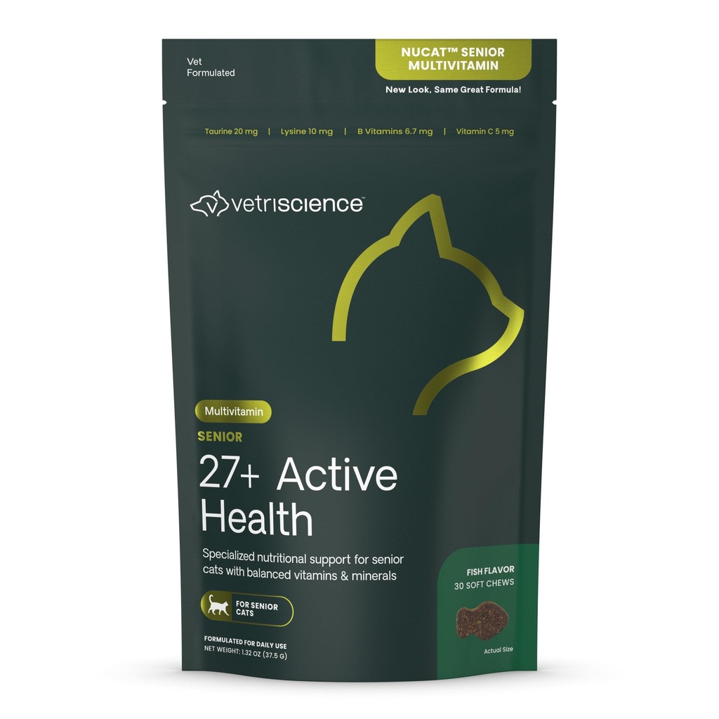 VetriScience Senior 27+ Aktiv Helse Chews, Nu Cat Daily Multivitamin for eldre katter, balansert vitaminer, mineraler og antioksidanter, sunn aldring og velvære støtte, fisk, 30 greve