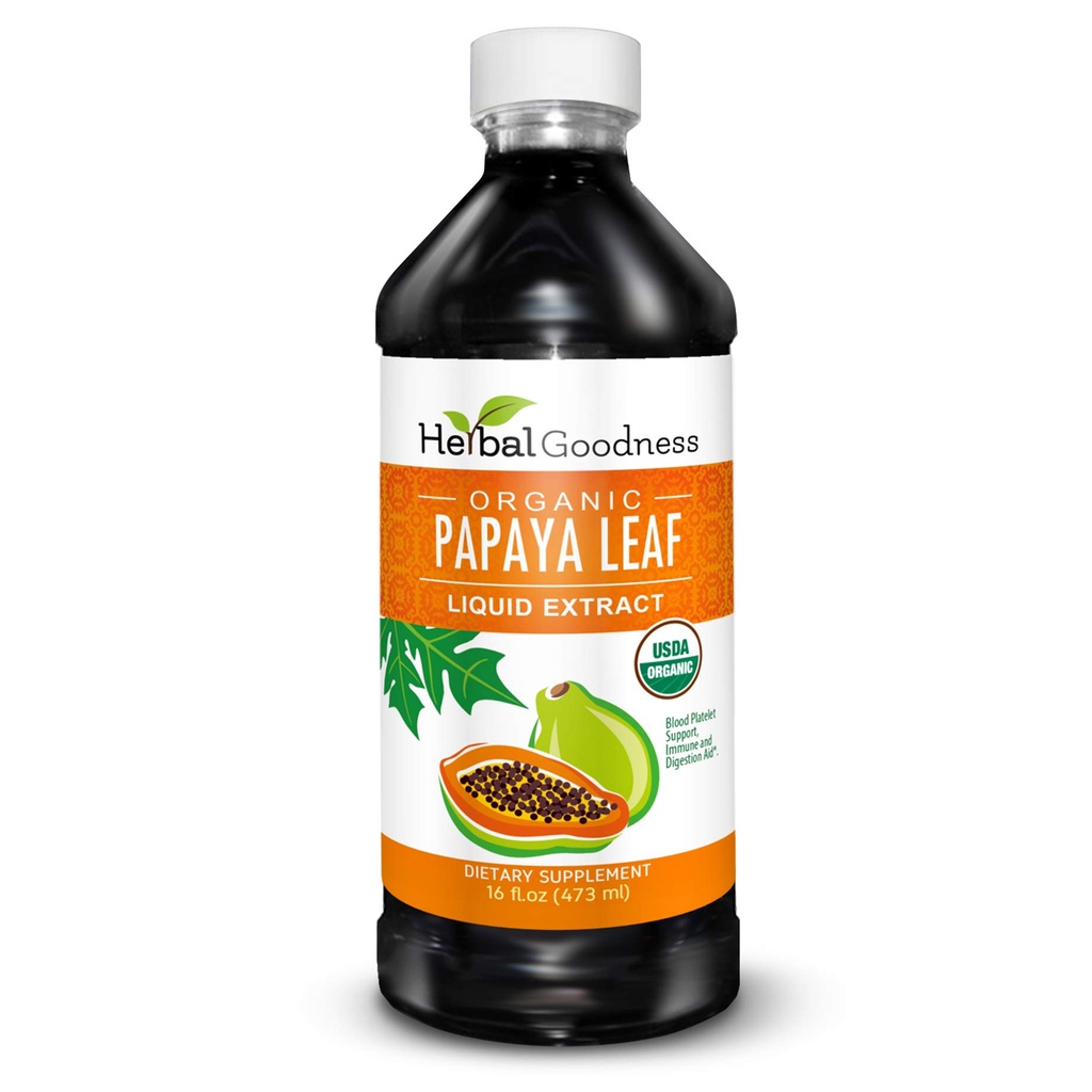 Herbal Goodness Papaya Leaf Extract Trombolisme Støtte - 15X Blodtarmogen Boost, Bone Marrow & Spleen Støtte, Immun & Gut Helse, Digestive Enzyme - Organic Kosher 16 oz Flytende Ekstrakt