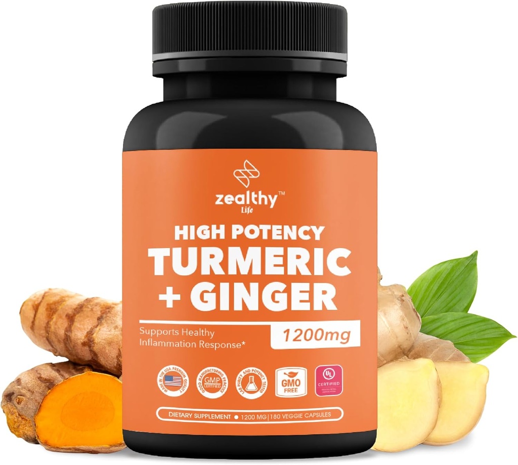 Turmeric + Ginger Capsules 1200 mg | Joint Comfort, Inflammasjonsstøtte & Digestiv Helse * | 180 greve | Zealty Liv Høy potens Turmeric Ginger Supplement | 1200mg
