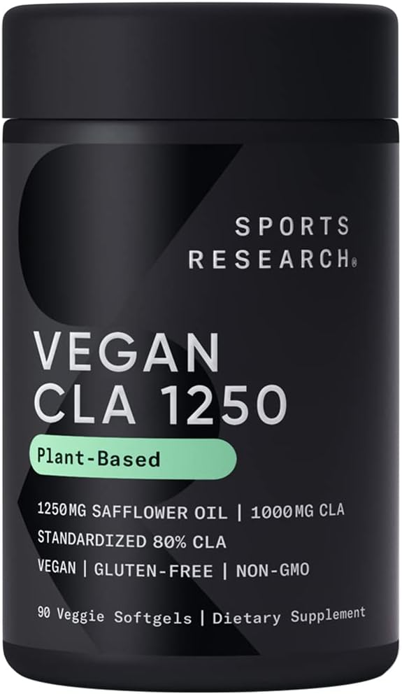 Idrettsforskning Vegansk CLA - 1250mg med aktiv konjugert Linolsyre for menn og kvinner | Ikke-GMO, Soya & Glutenfri - 80% (90 Softgels)