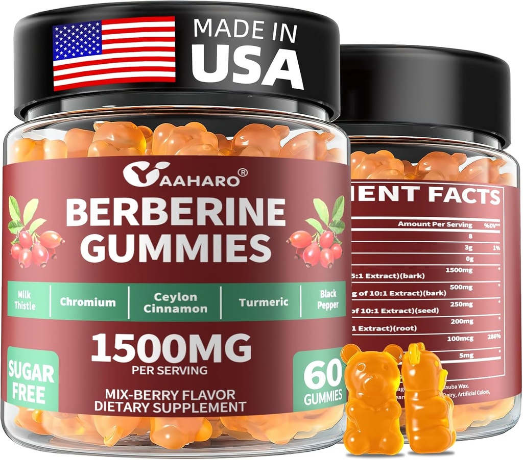 Berberine med Ceylon Cinnamon Gummies - 1500mg Berberine HCI Supplement med kromium,Turmeric og Melk Thistle - Immunstøtte - for kvinner og menn - 60 sukker gratis gummi